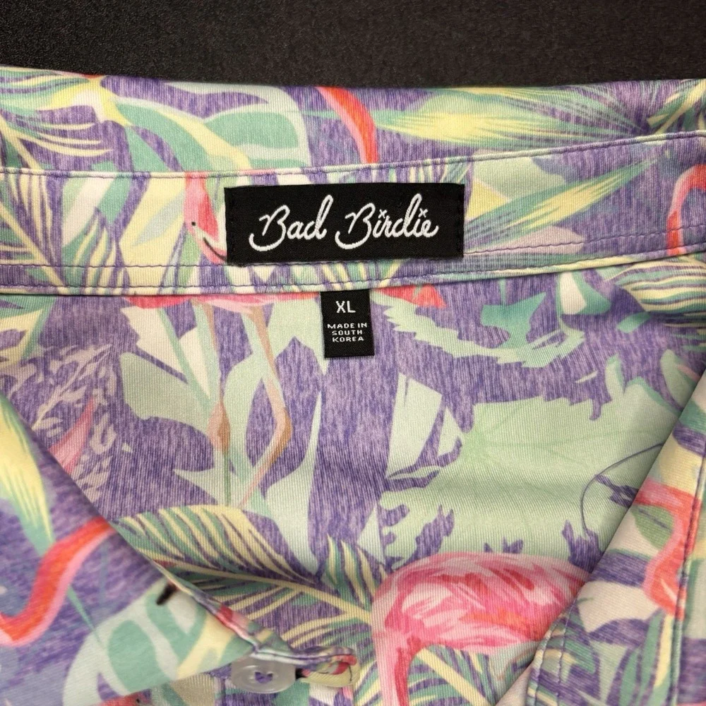 Bad Birdie Performance Polo Shirt‎ Men's XL Flamingo All Over Print Floral Golf